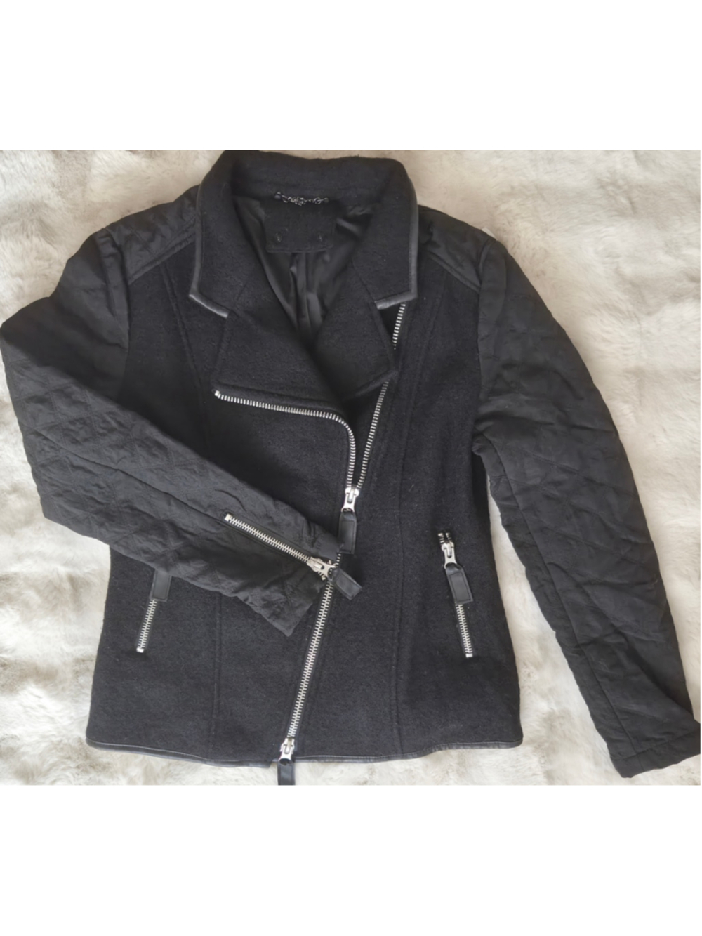 Womens 100% Wool Moto Jacket M Black Quilted Biker Faux Leather Zip Streetwear